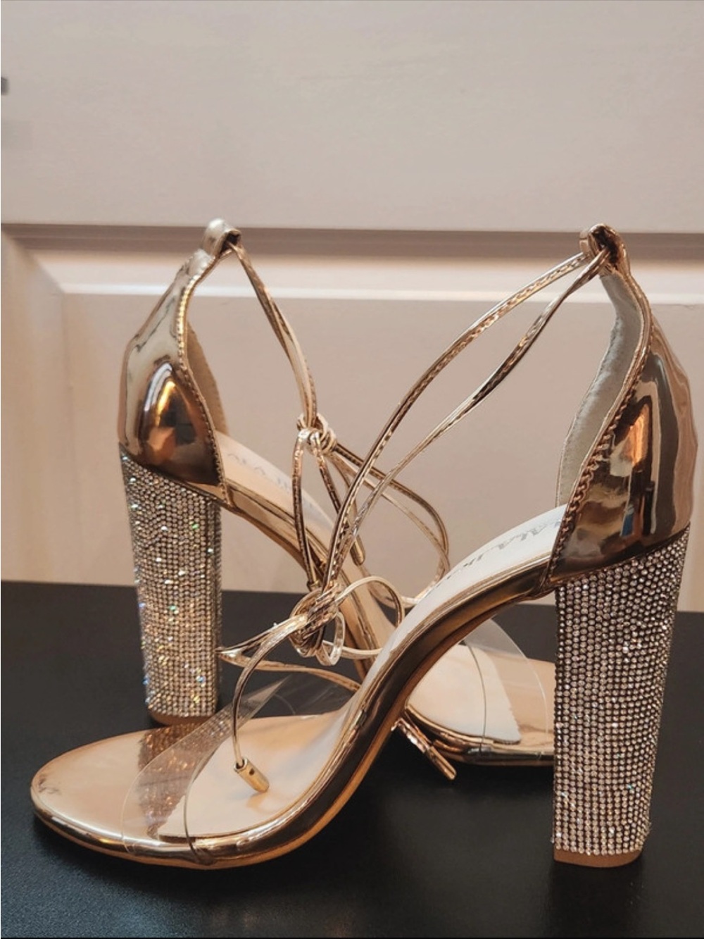 Women's Metallic Gold Rhinestone Block Heel Sandals
